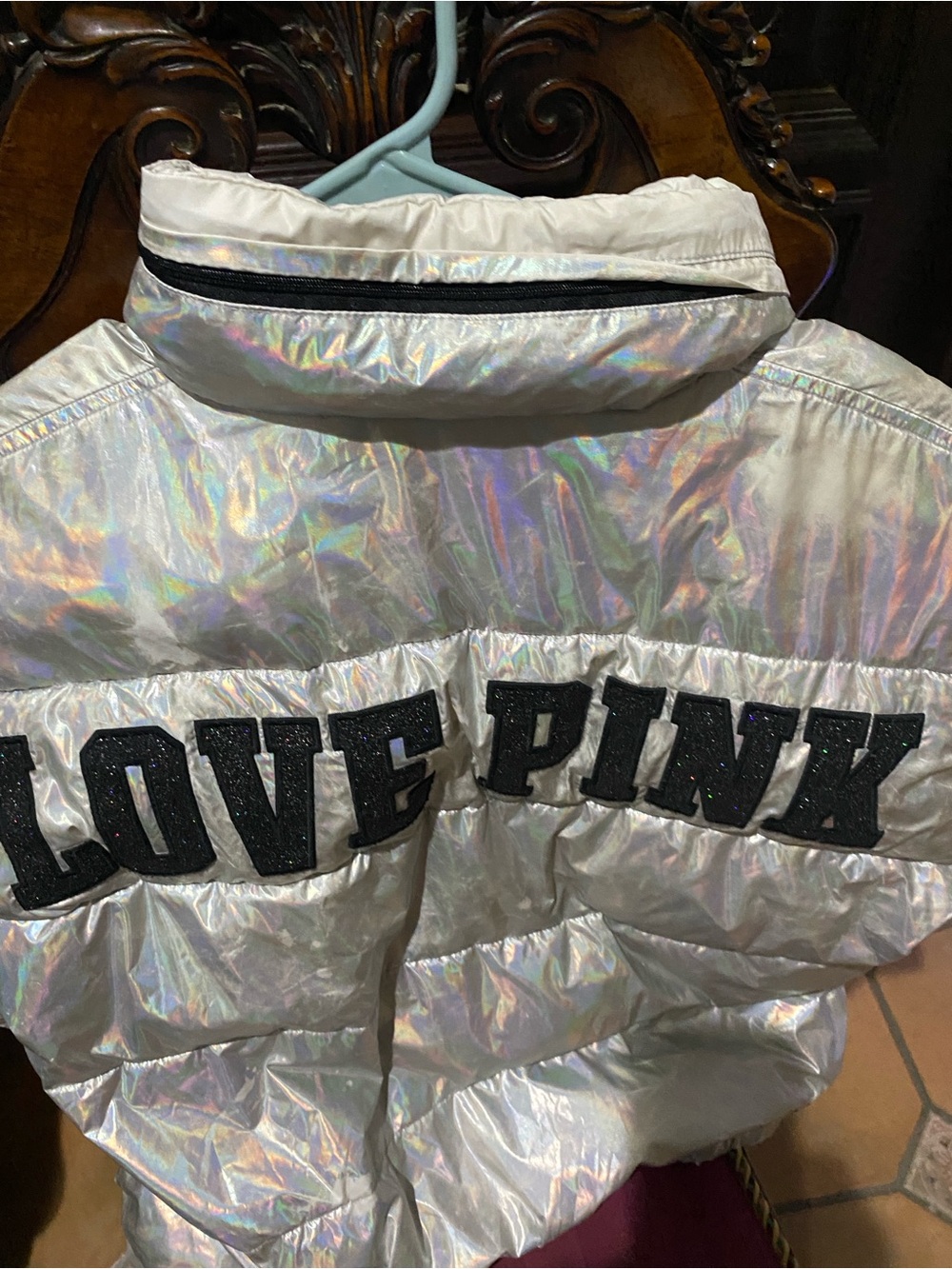 PINK Victoria's Secret Iridescent Silver Bomber Jacket with Black Trim - Picture 9 of 10